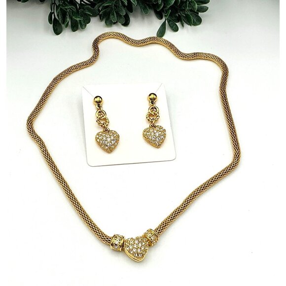 Gold-Tone Mesh Chain Heart Pendant Necklace and Earrings Set - Picture 1 of 6